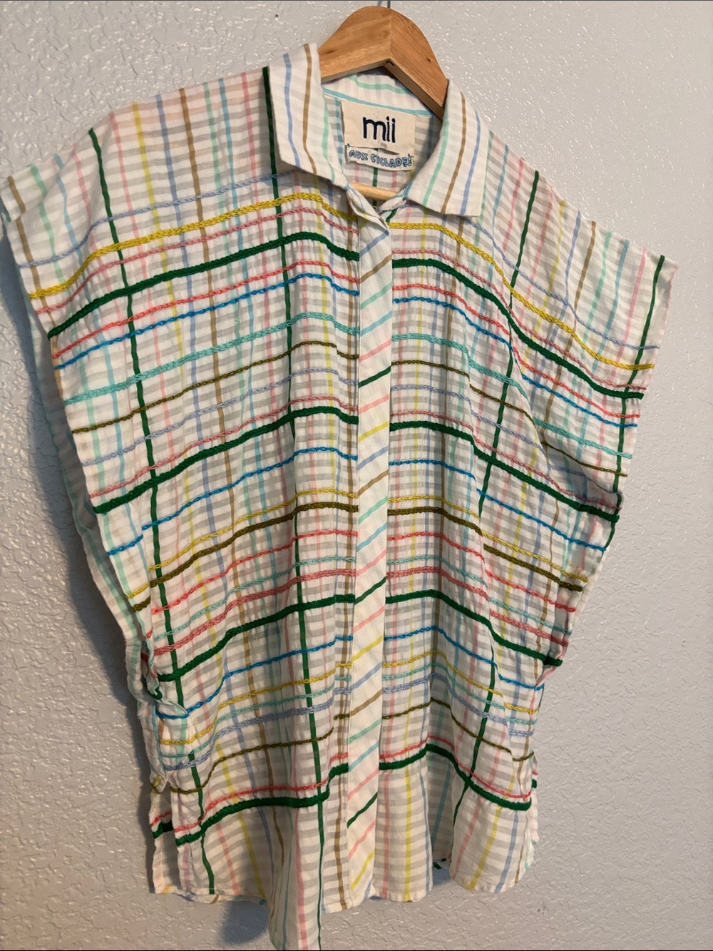 Mii White Multicolor Plaid Short Sleeve Button-Down Top - Picture 3 of 6